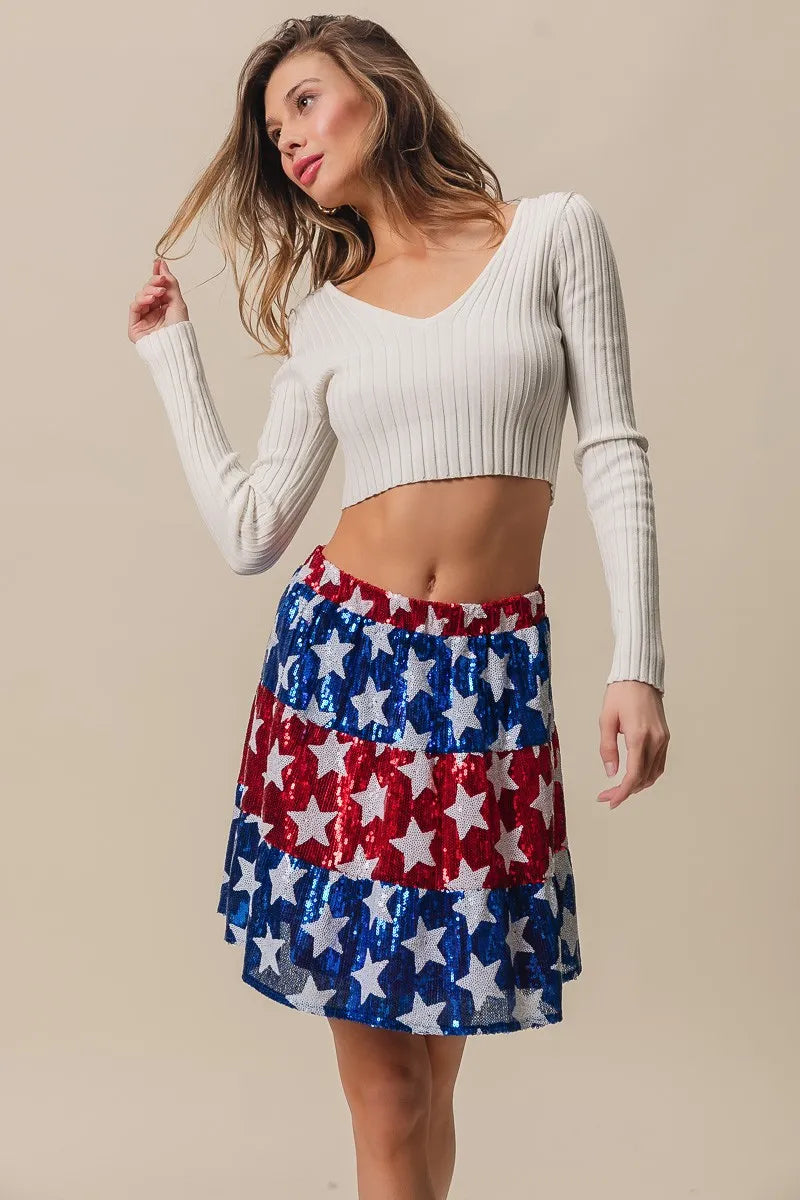 American Flag Theme Star Sequin Tiered Skirt