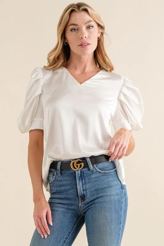 And The Why Plain Satin Puff Shirring V Neck Blouse Top