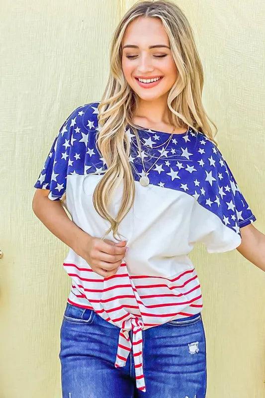 And The Why American Flag Print Tie Knot Front Casual Top