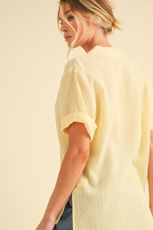 Aemi + Co Side Slit V-Neck Short Sleeve Blouse