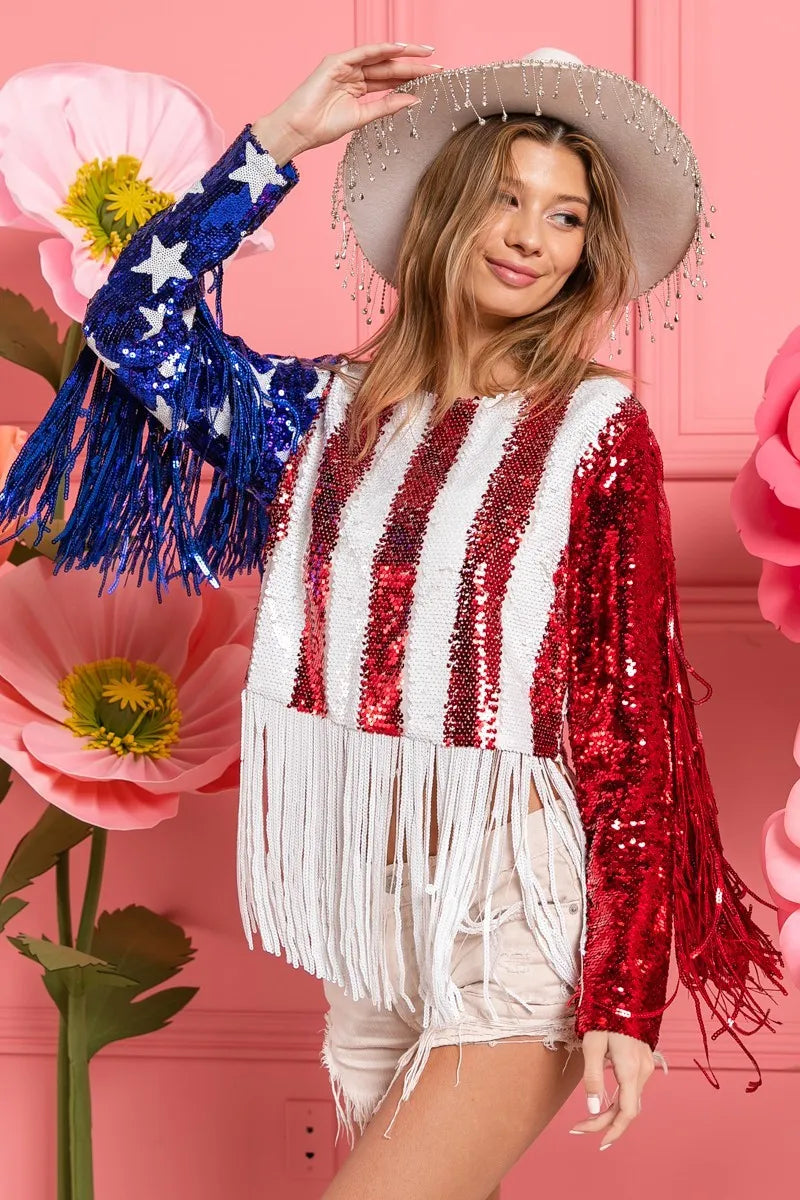 American Flag Theme Fringe Detailed Sequins Crop Top