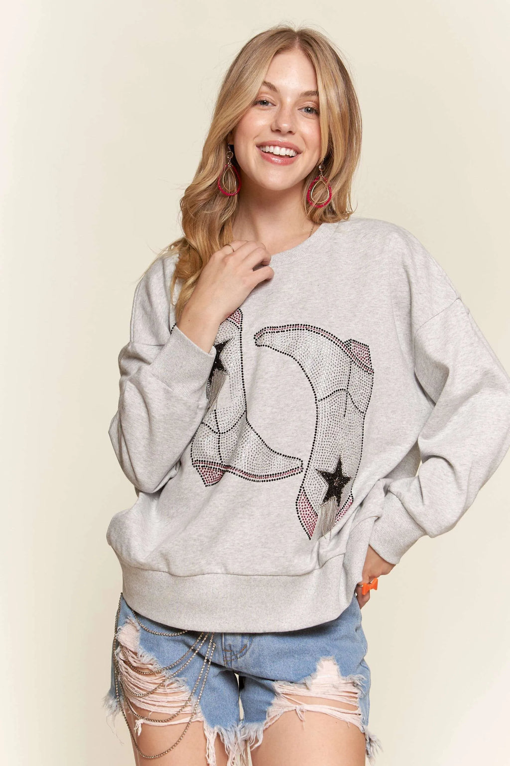 ADORA Rhinestone Accent Casual Sweatshirt