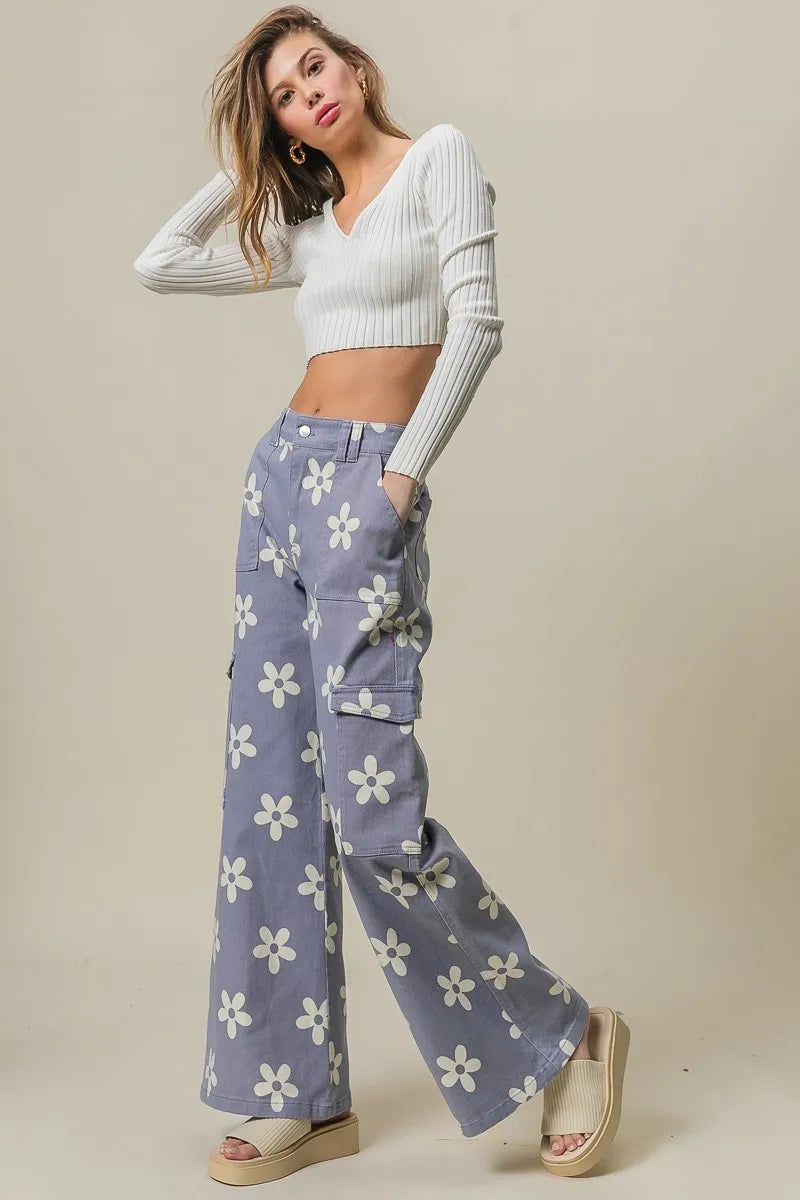 BiBi Flower Printed Side Pocket Wide Pants
