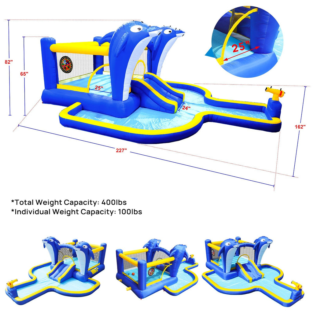 8 in1 Inflatable slide water park trampoline bouncing house outdoor garden with  Dolphin sprinkler & Target games & Water gun & Basketball