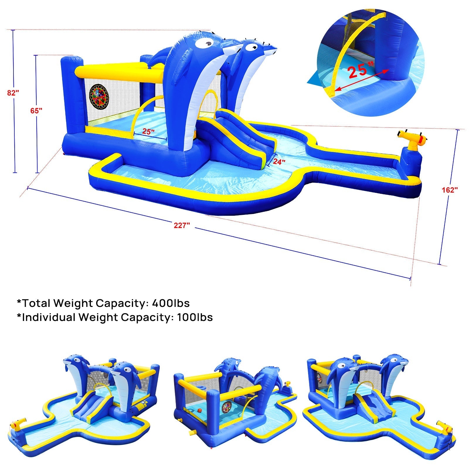 8 in1 Inflatable slide water park trampoline bouncing house outdoor garden with  Dolphin sprinkler & Target games & Water gun & Basketball