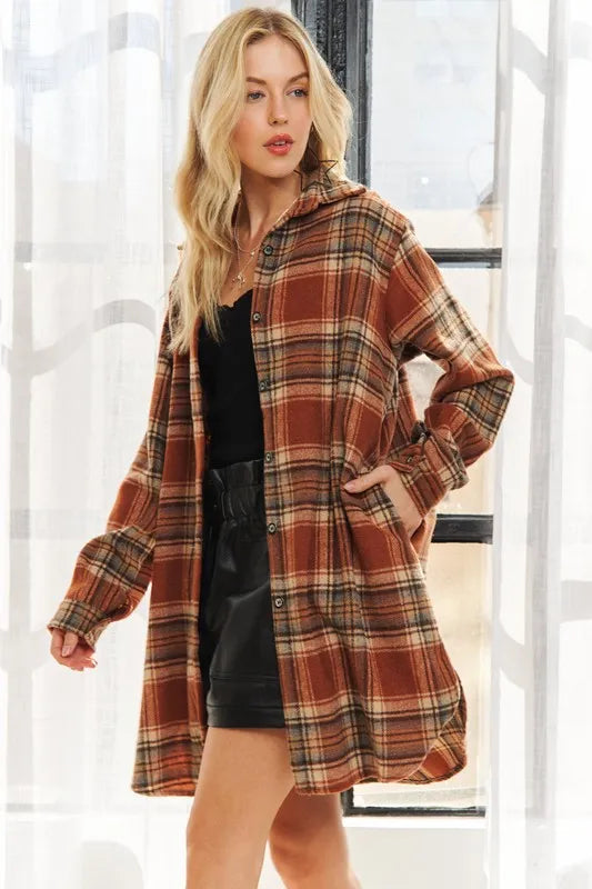 ADORA Full Size Button Down Flannel Shacket Plus Size in Rust