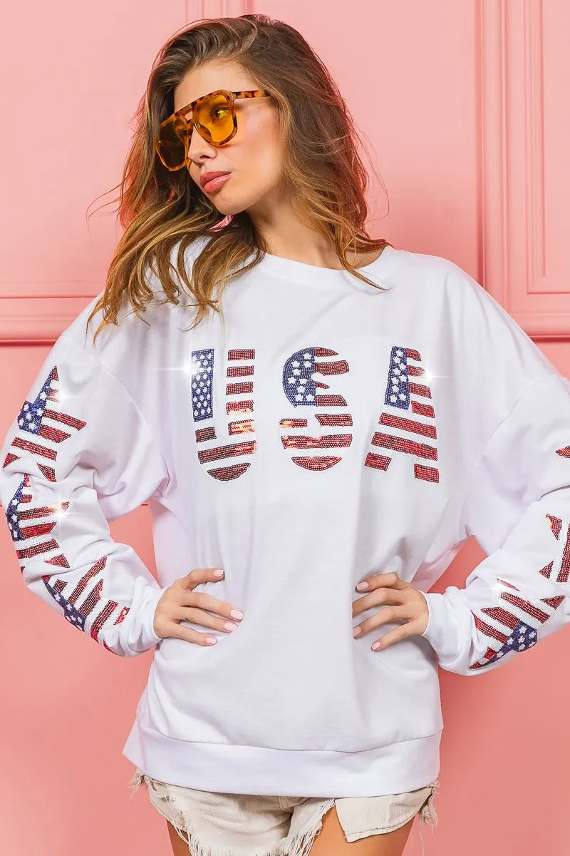 American Flag USA and Star Sequin Sweatshirt