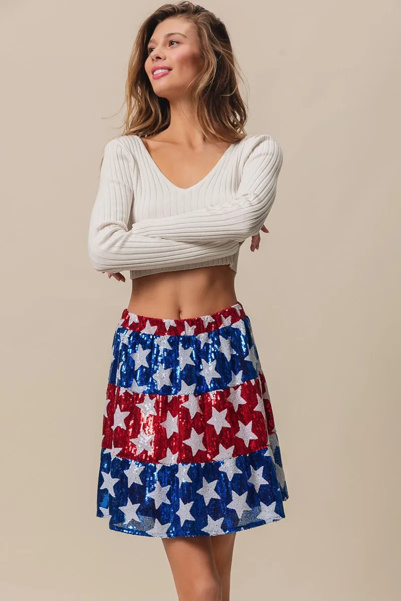 American Flag Theme Star Sequin Tiered Skirt