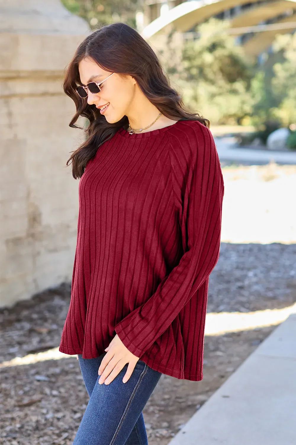 Basic Bae Ribbed Round Neck Long Sleeve Knit Top