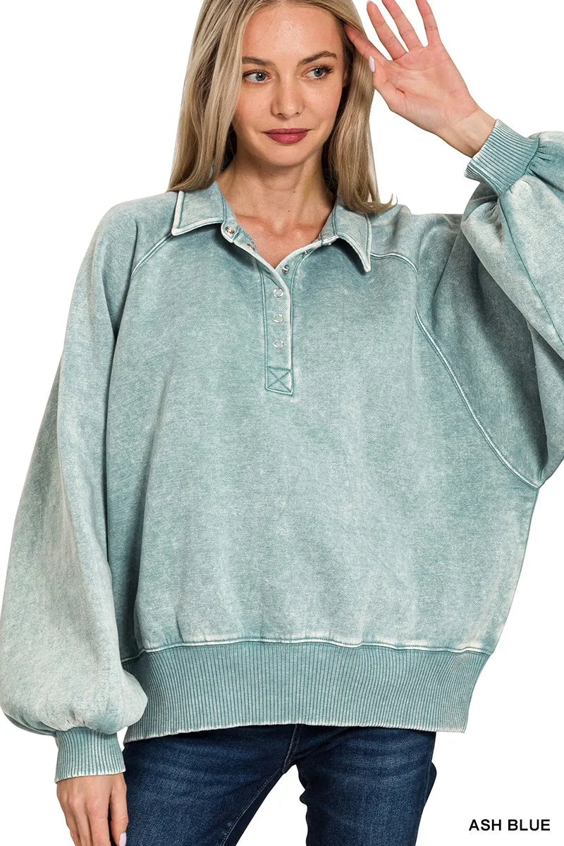 Acid Wash Fleece Collared Sweatshirt