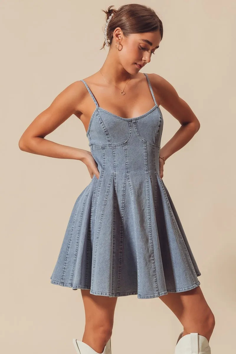 A Line Fit and Flare Denim Mini Dress