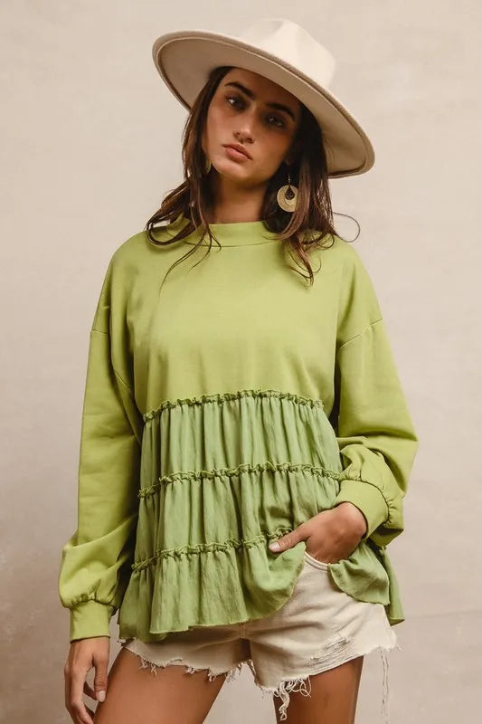 BiBi French Terry and Woven Mixed Tiered Top