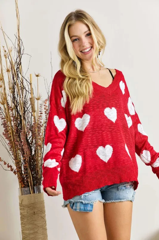 ADORA Full Size Heart V-Neck Knit Top Plus Size