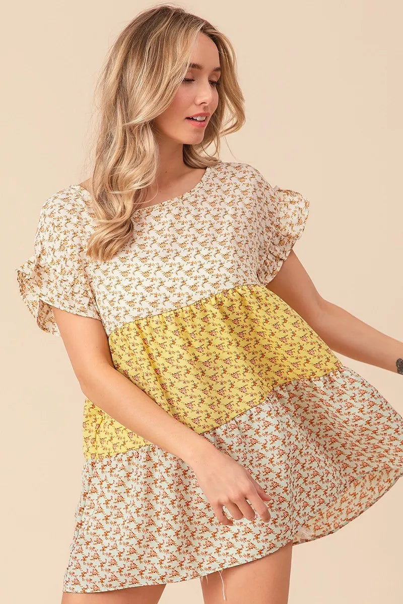 BiBi Flroal Printed Woven Color Block and Tiered Top in Yellow