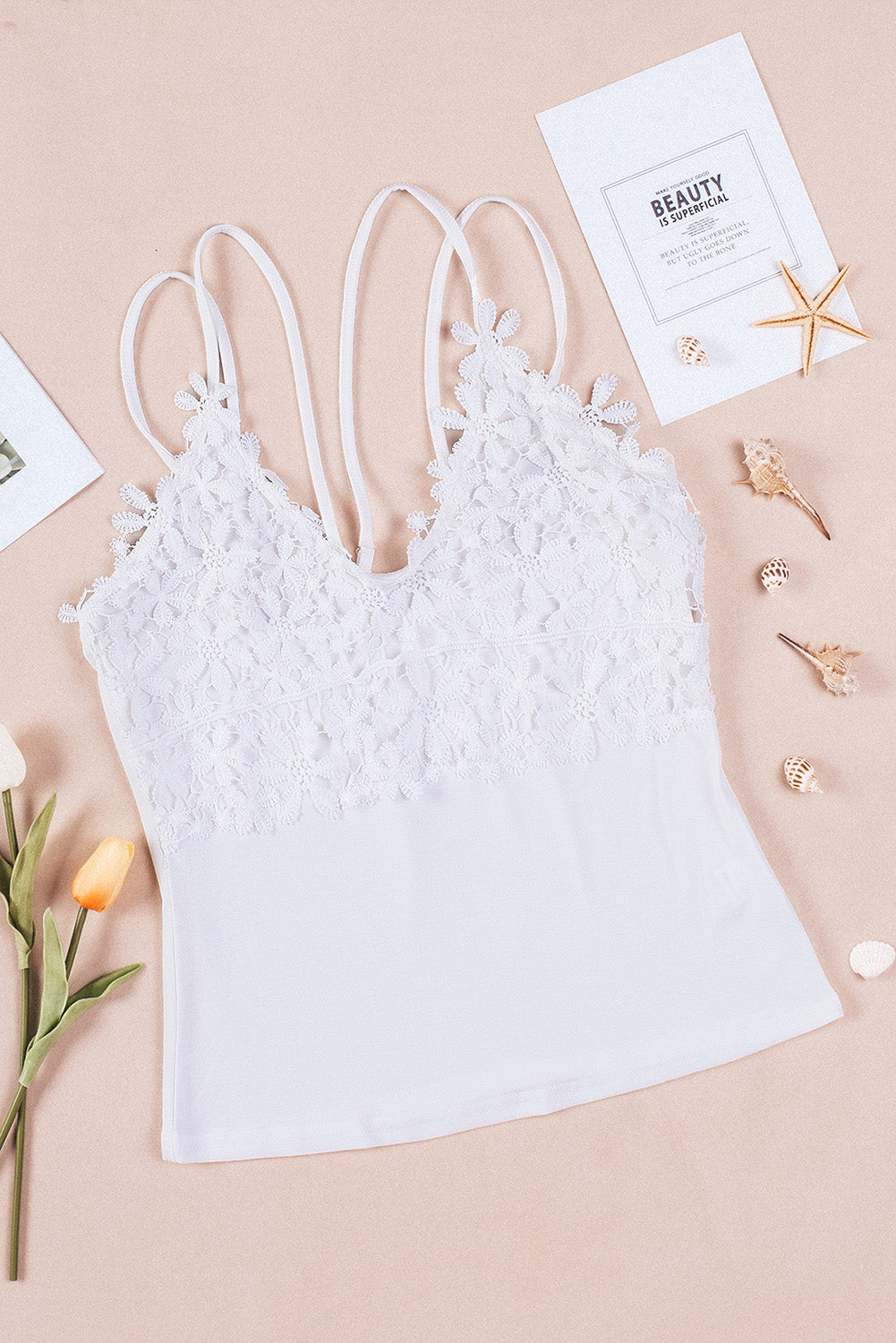 Apricot Casual Lace Overlay Strappy Hollow Out Camisole Top