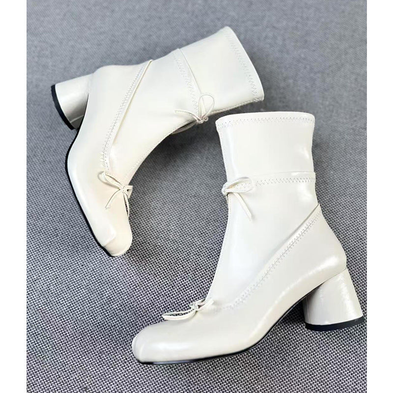Ballet Style White High-heeled Round Head Thin Booties