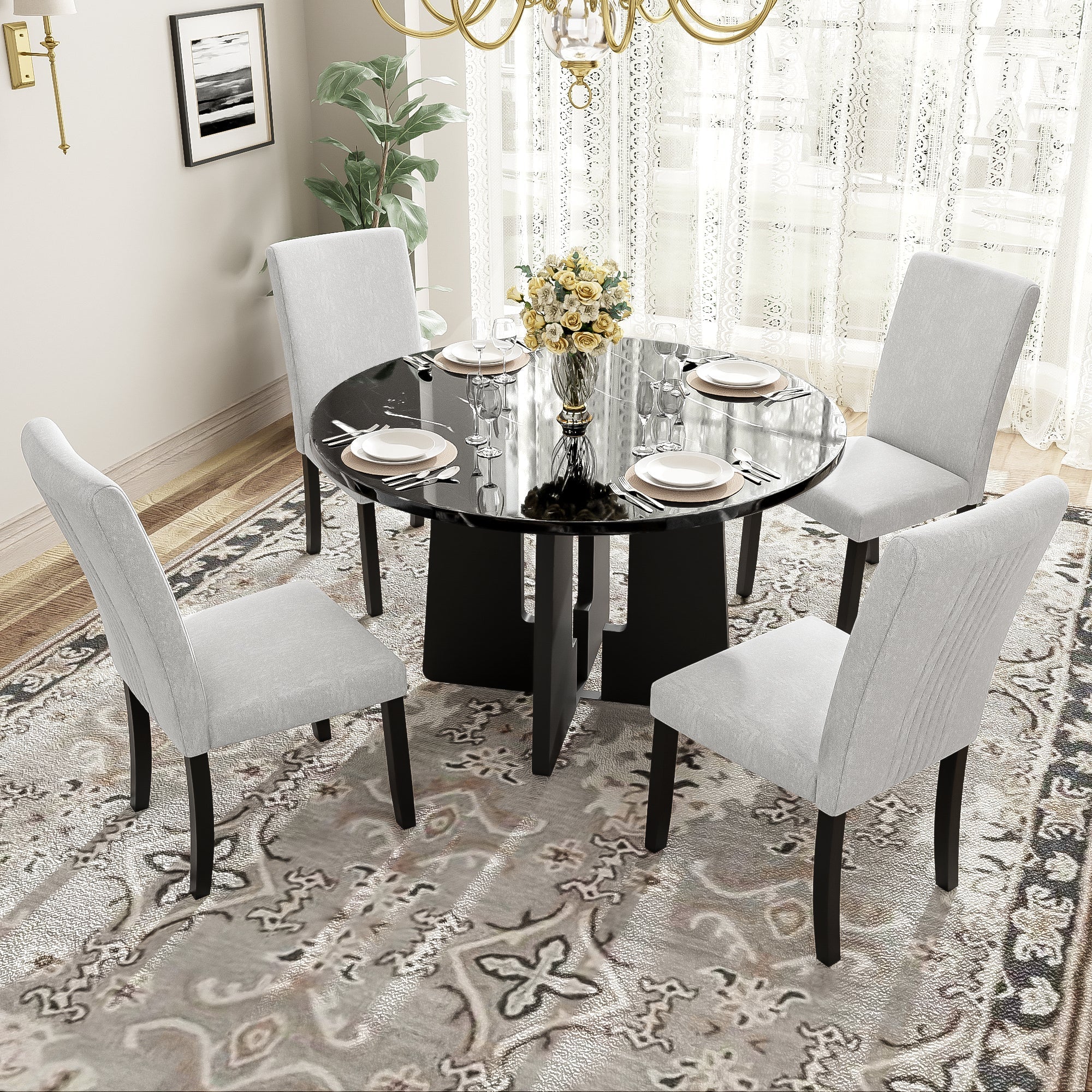 5-Piece Round Dining Table set, 43-Inch Modern Dining Table and 4 Upholstered Chairs for Dining Room, Kitchen Room, Living Room, Easy Assembly