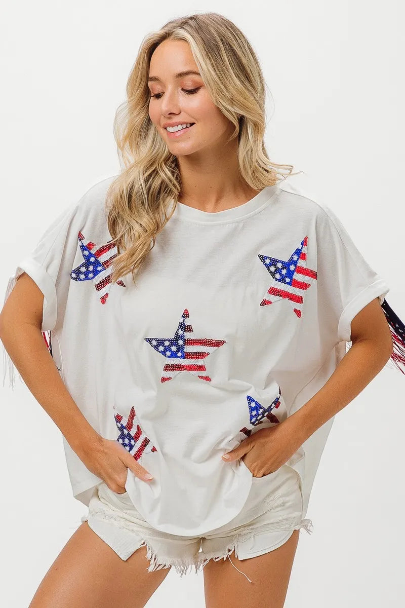 American Flag Sequin Star Fringe Top