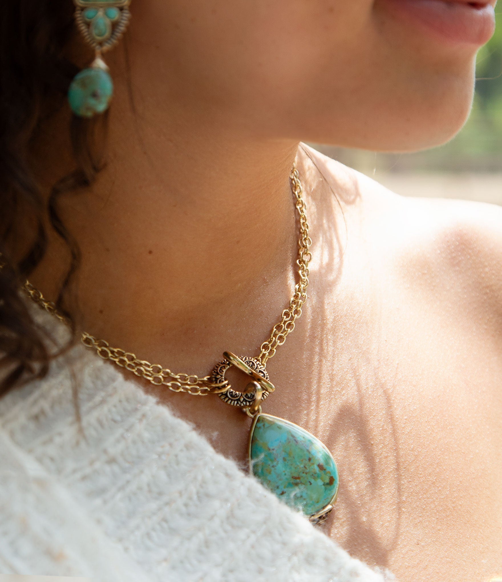 Abby Blue Turquoise and Golden Bronze Pendant Necklace