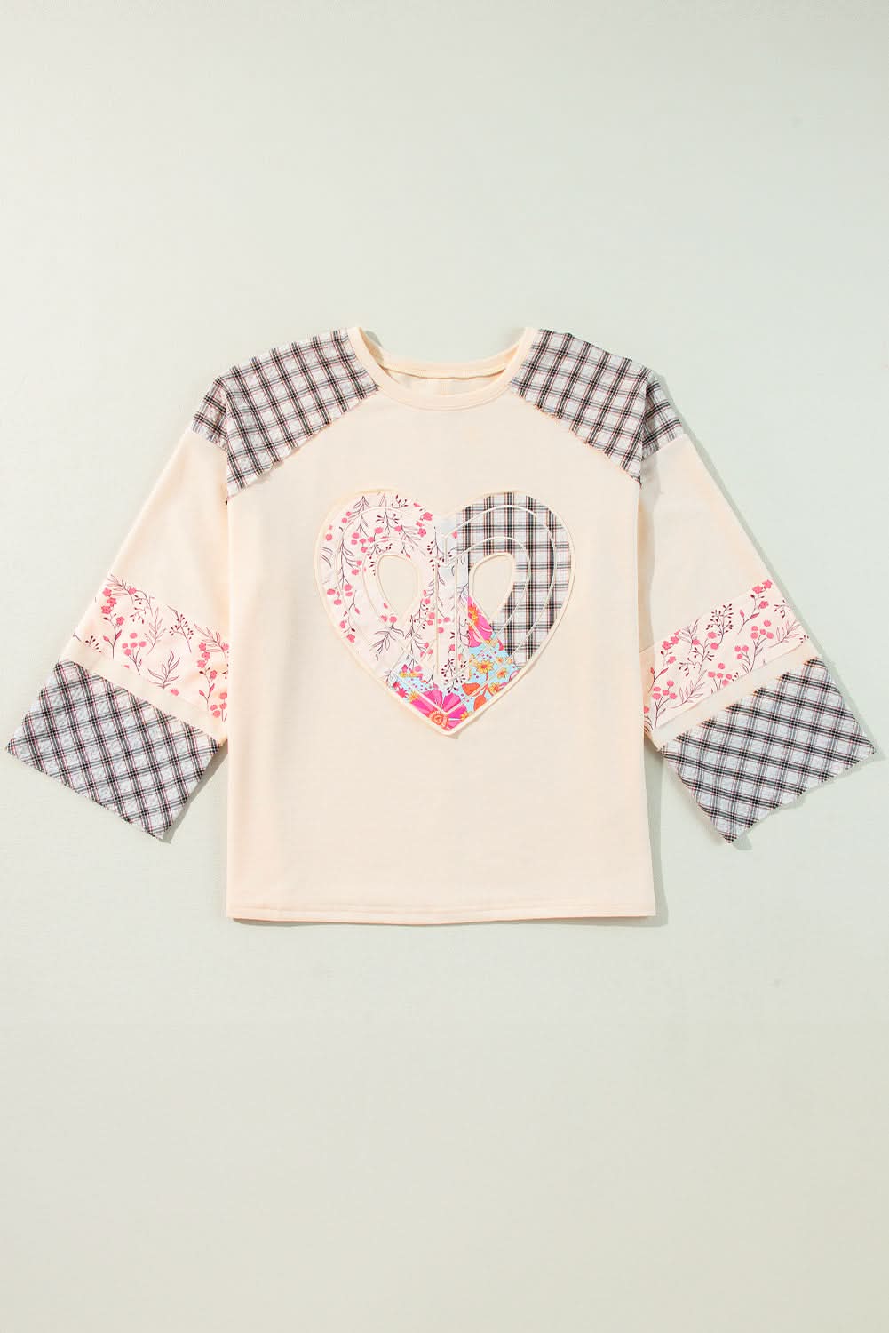 Beige Plaid Floral Peace Heart Graphic Wide Long Sleeve Top