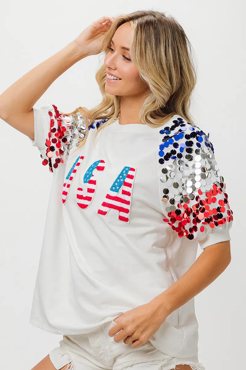 American Flag Theme Sequin Top