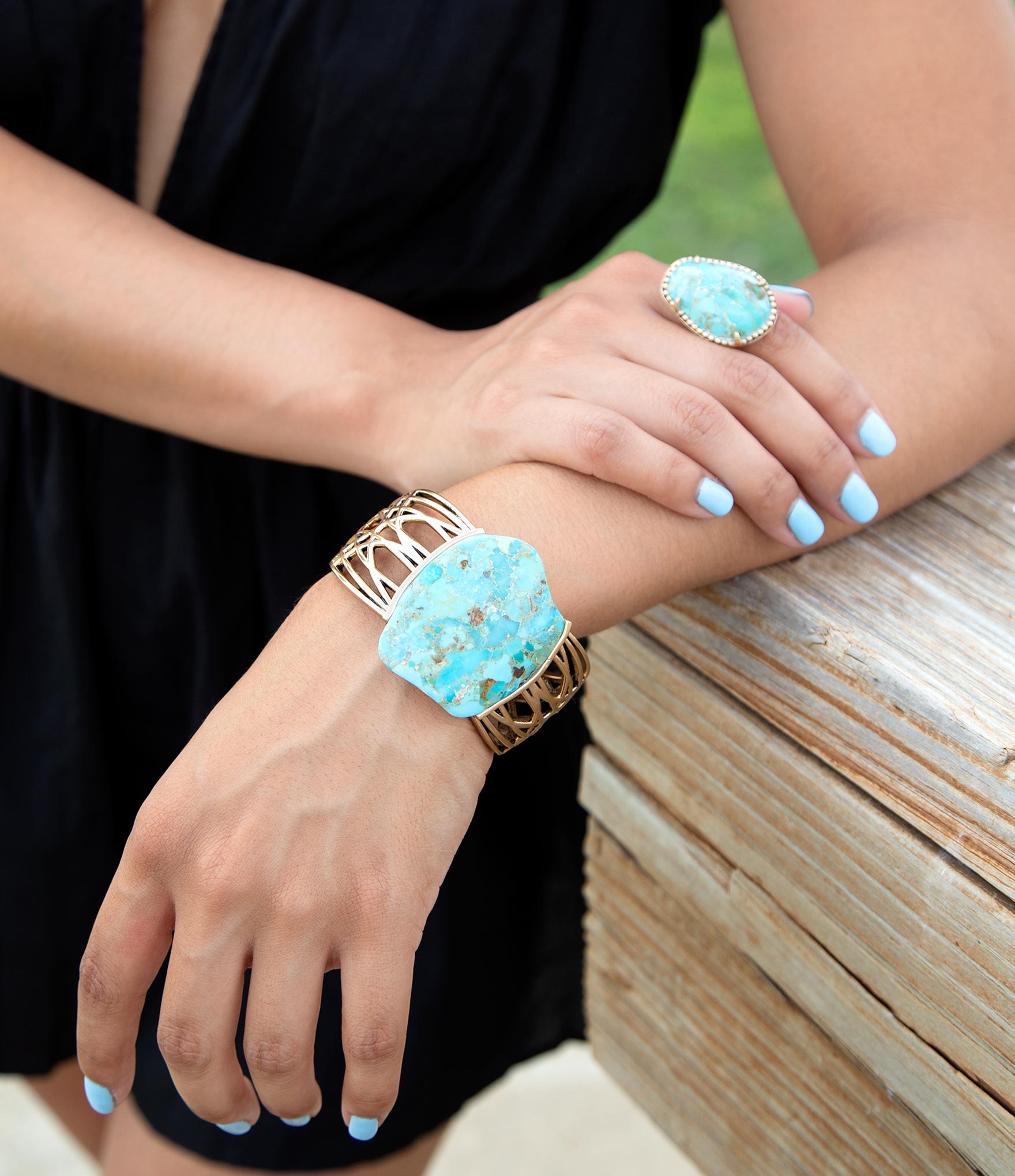 Abstract Blue Turquoise Golden Statement Cuff