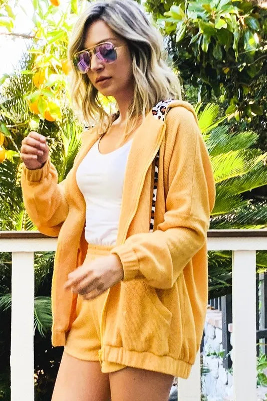 And The Why Hidden Leopard Knit Hoodie Top and Shorts Set