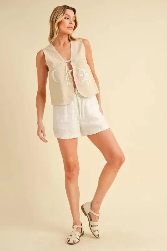 Aemi+Co Embroidered Tied Front Vest Coat