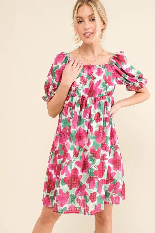 And The Why Smocked Floral Ruffle Short Sleeve Mini Dress