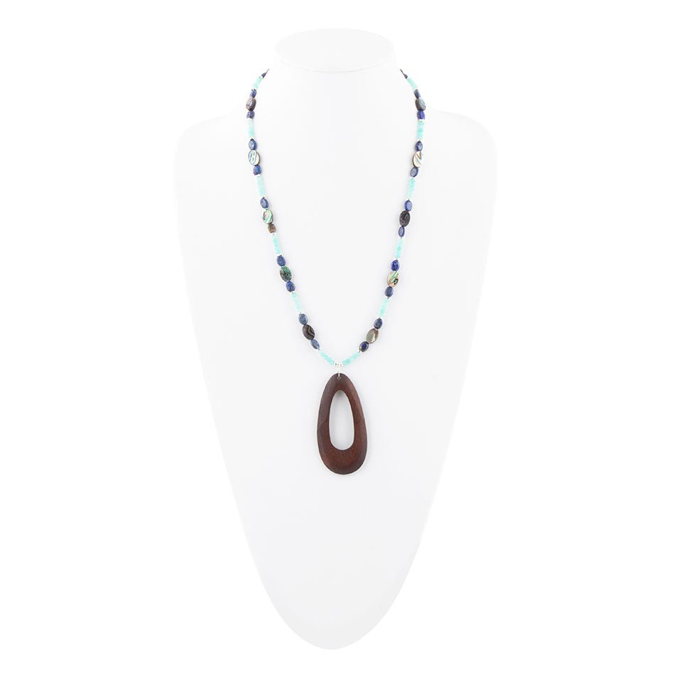 Ajo Blue Abalone and Amazonite Wood Pendant Necklace