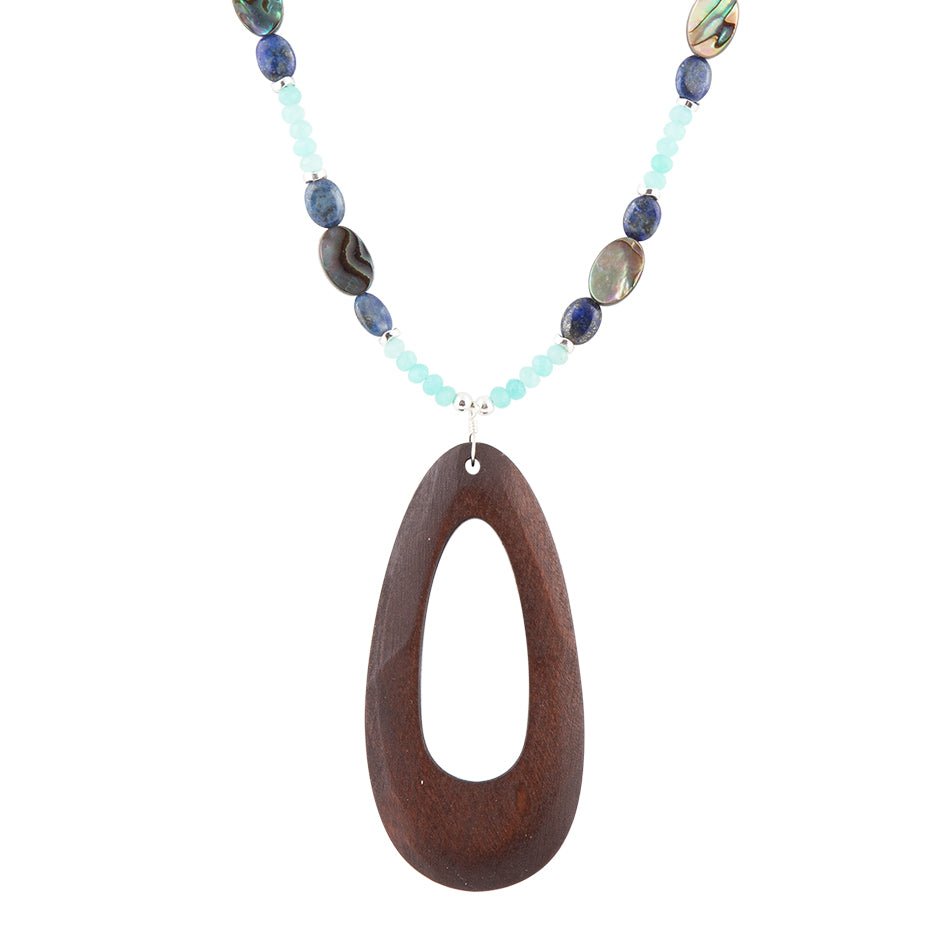 Ajo Blue Abalone and Amazonite Wood Pendant Necklace