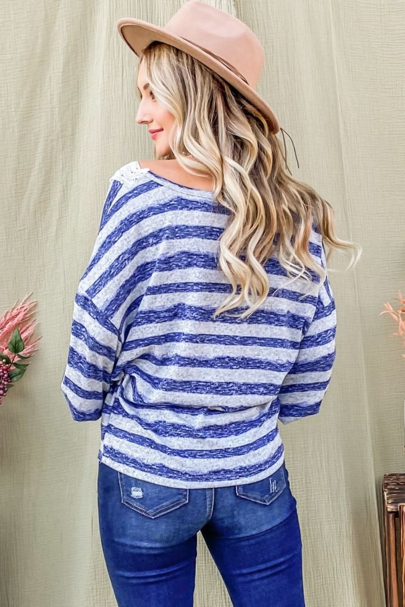 And The Why Striped Lace Detail V Neck Top by Lovesalve WS