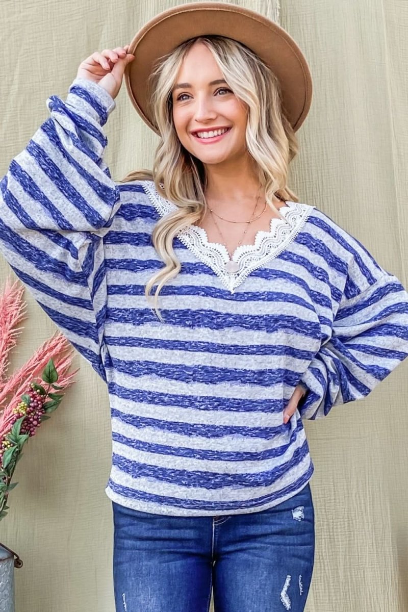 And The Why Striped Lace Detail V Neck Top by Lovesalve WS