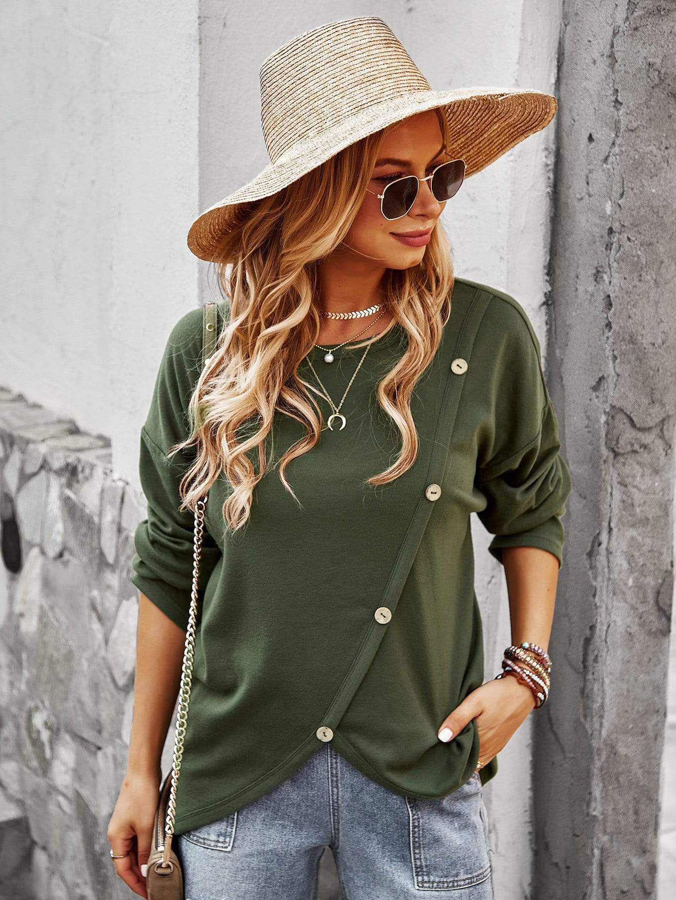 Asymmetrical Hem Button Sweater