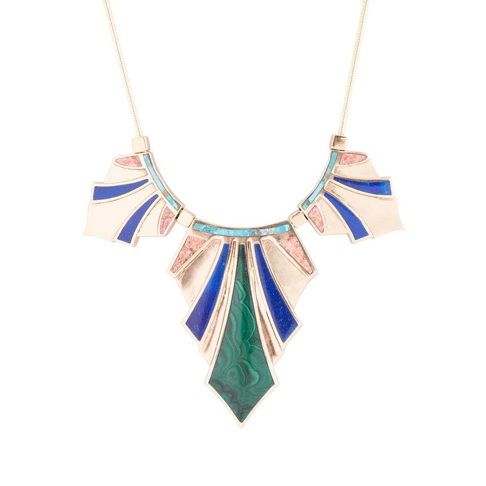 Art Deco Colorful Inlaid Golden Statement Necklace
