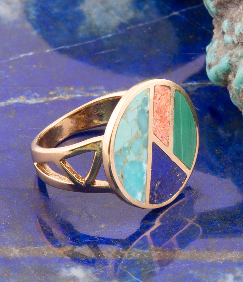 Art Deco Colorful Inlay Golden Ring