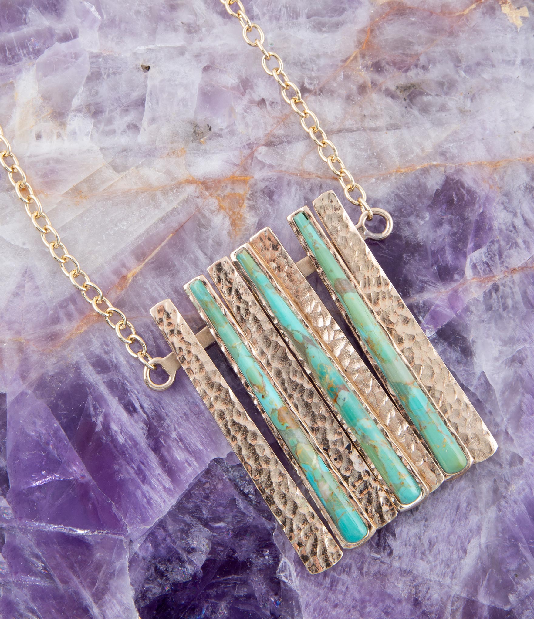 Aztec Blue Turquoise and Golden Bronze Fan Necklace