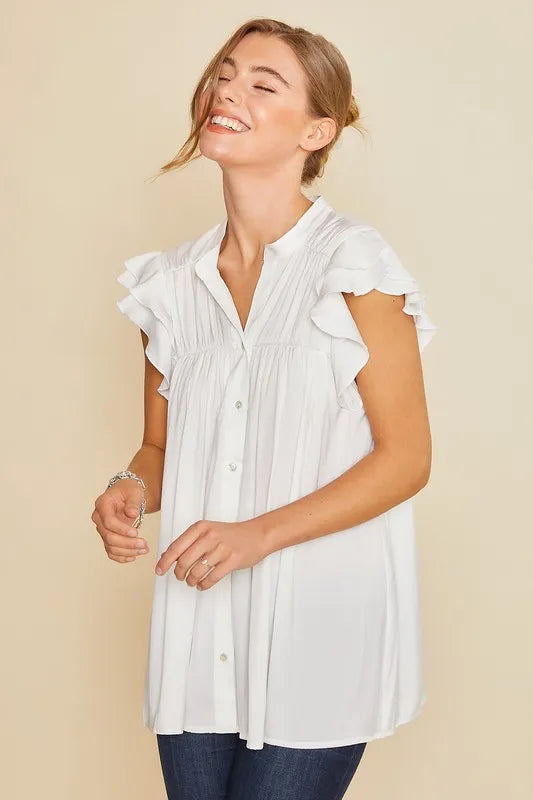 Annie Wear Ruffle Sleeve Shirred Flowy Woven Tunic Shirts