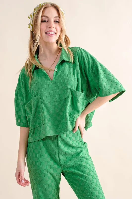 And The Why Brushed Texture Checker Board Pattern Casual Top in Green