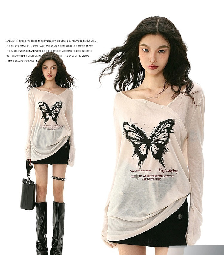 American Button Bow Print Sun Protection Long Sleeve T-shirt Women's Top