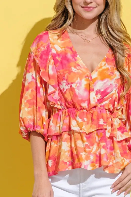 And The Why Ruffled Printed Puff Sleeve Blouse