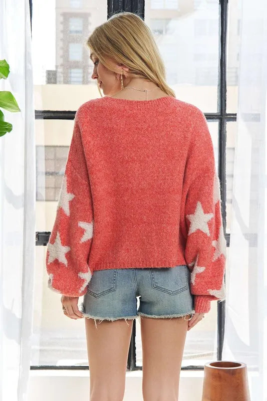 ADORA Full Size Star Contrast Round Neck Sweater Plus Size