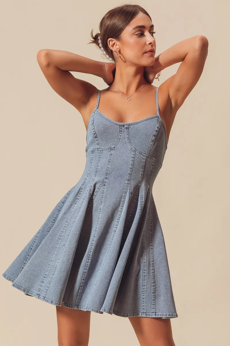A Line Fit and Flare Denim Mini Dress