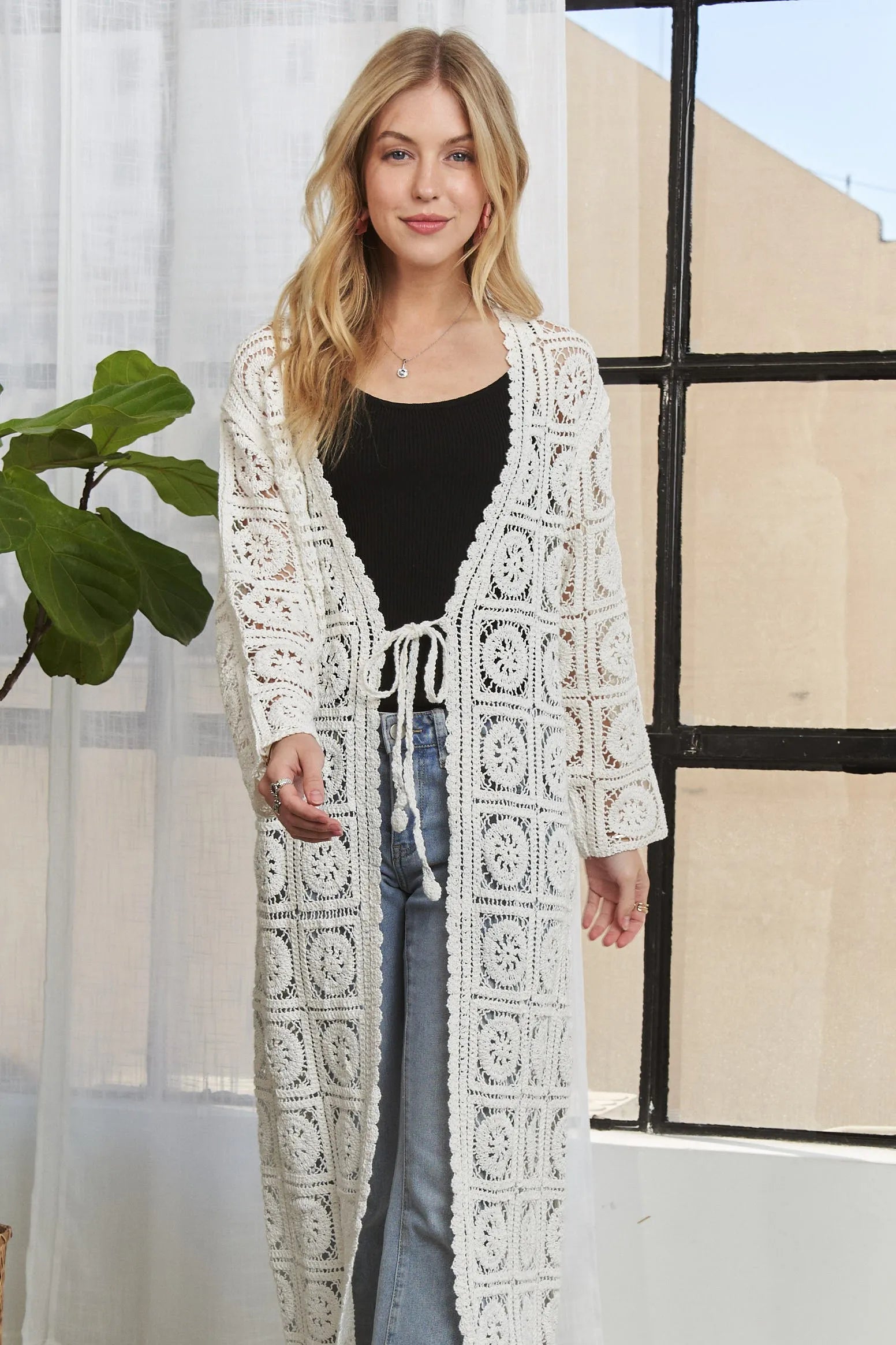 ADORA Long Sleeves Crochet Elastic Cardigan