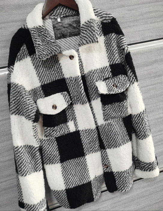 Autumn And Winter Long Sleeve Double Pocket Plaid Furry Coat Women