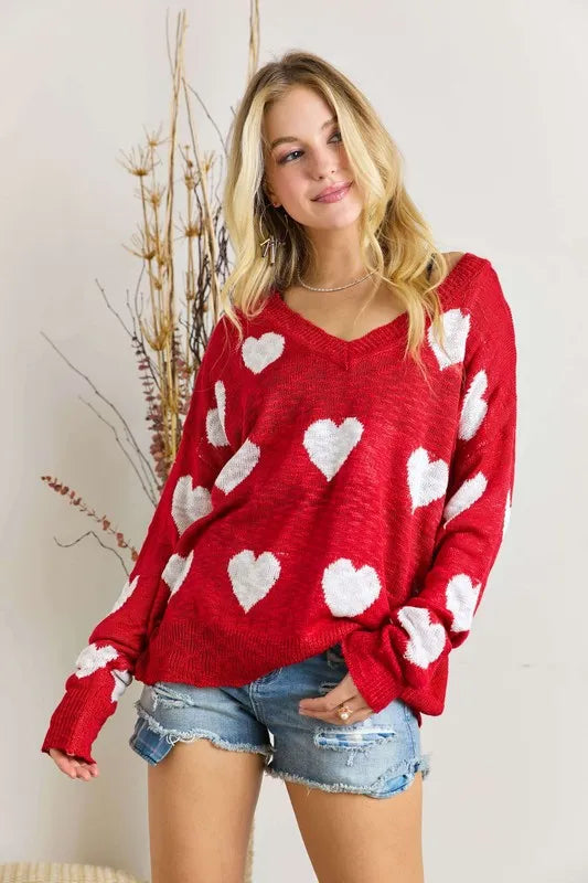 ADORA Full Size Heart V-Neck Knit Top Plus Size