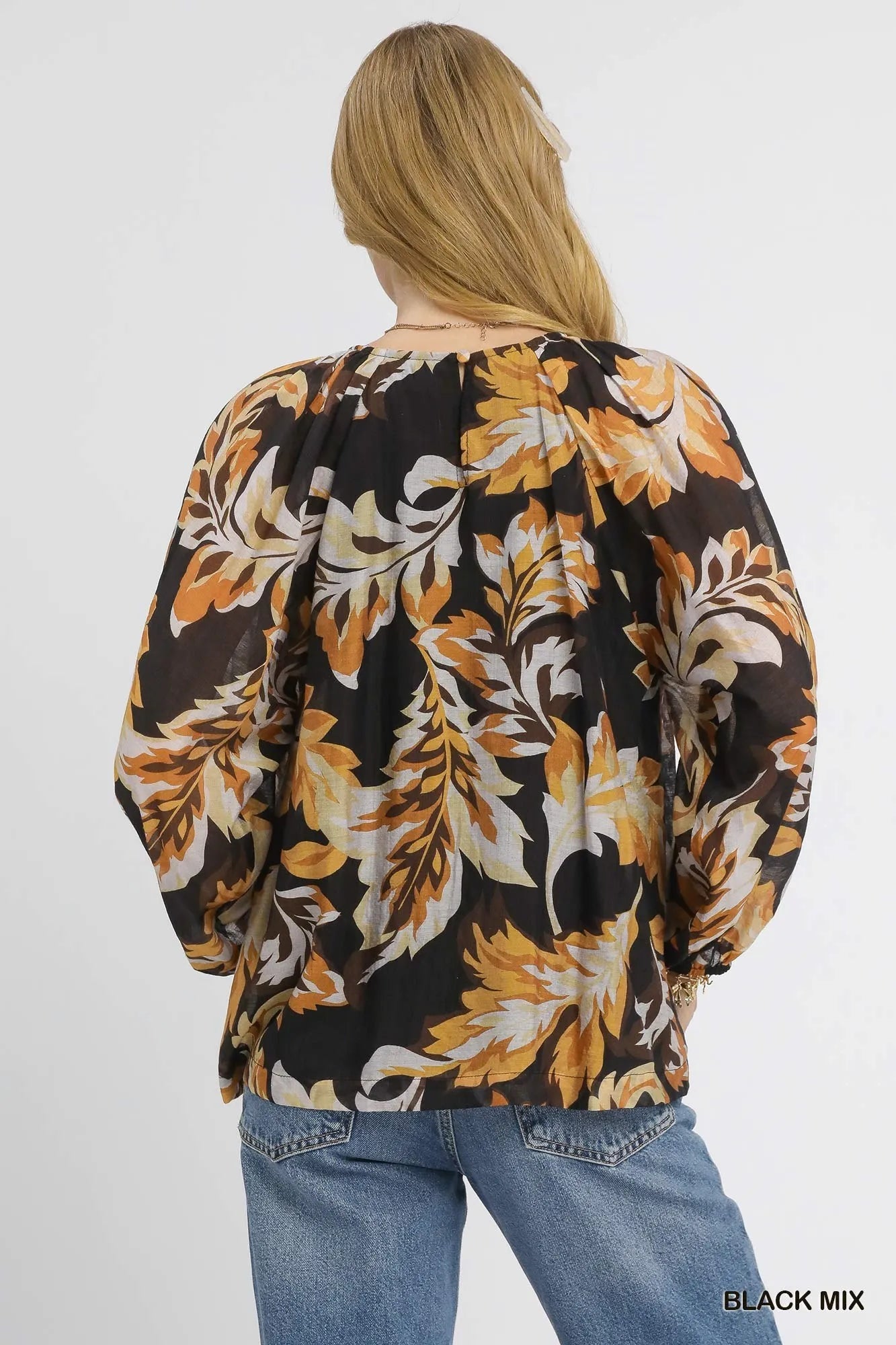Autumn Leaf Print Balloon Sleeve Blouse