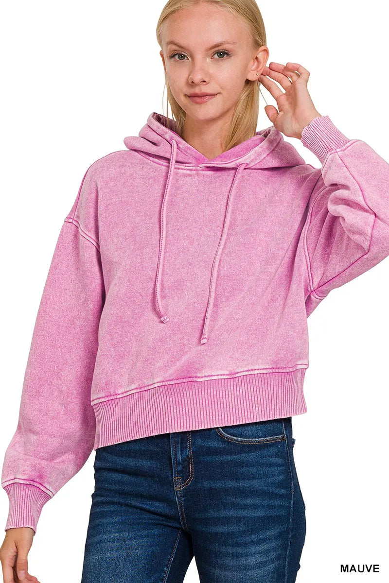 Acid Wash Fleece Drawstring Cropped Hoodie