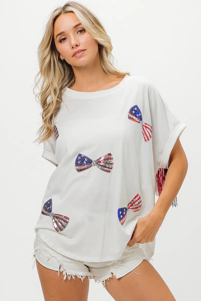 American Flag Sequin Ribbon T-Shirt