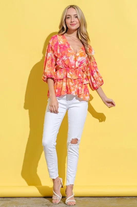 And The Why Ruffled Printed Puff Sleeve Blouse